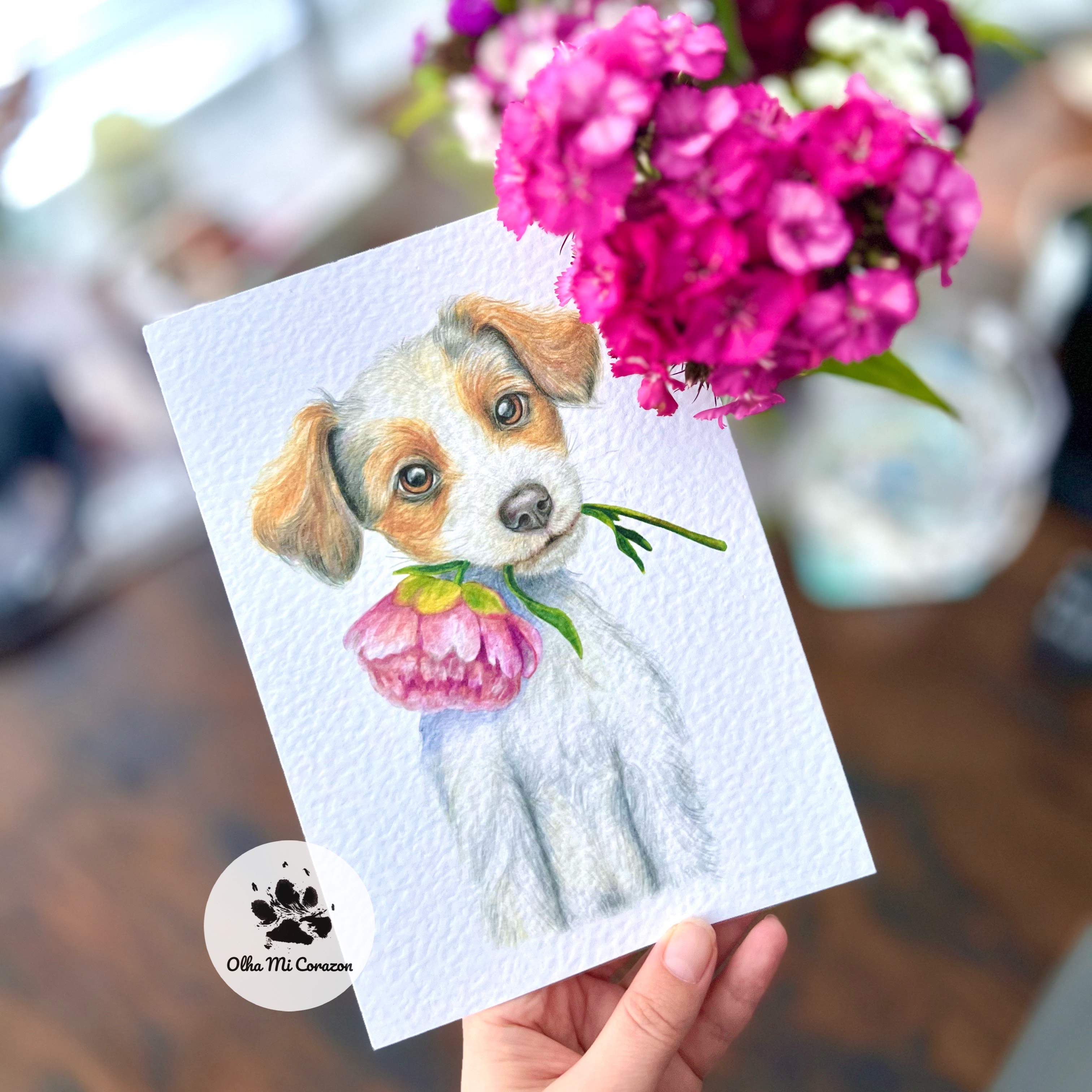 Puppy with pink flower. Greeting card with dog, artist Olha Mi Corazon