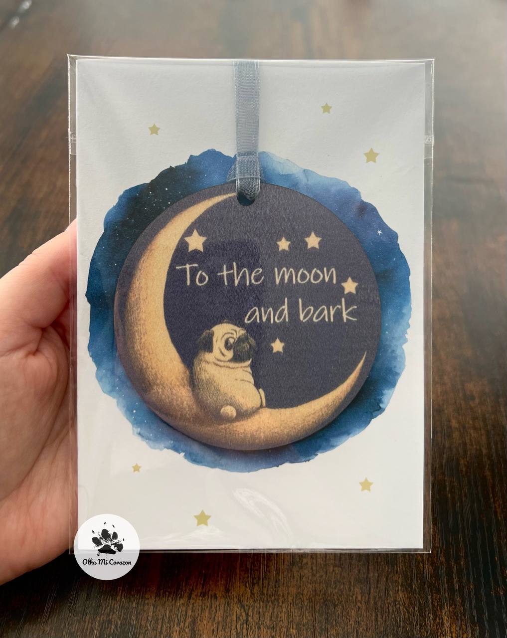 Dog Wooden Christmas tree decoration, Dog greeting card with decor, Pug art, blank card, made in the UK, To the moon and bark, Dog angel. Artist Olha Mi Corazon