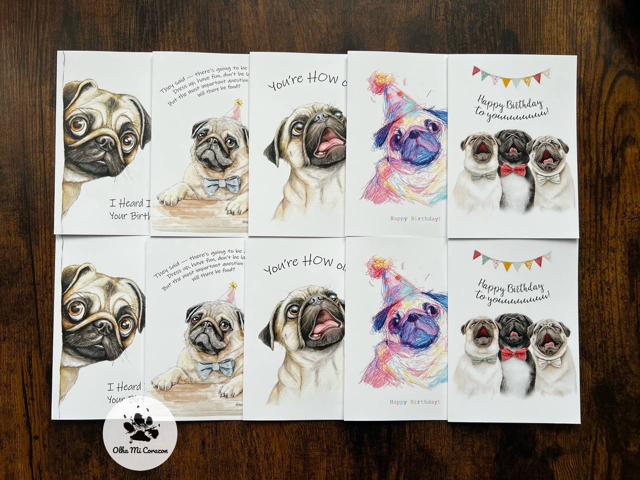 Set of 10 Birthday Pug Cards – A6 Folded Greeting Cards with Envelopes – Illustrated Dog Birthday Cards. Artist Olha Mi Corazon