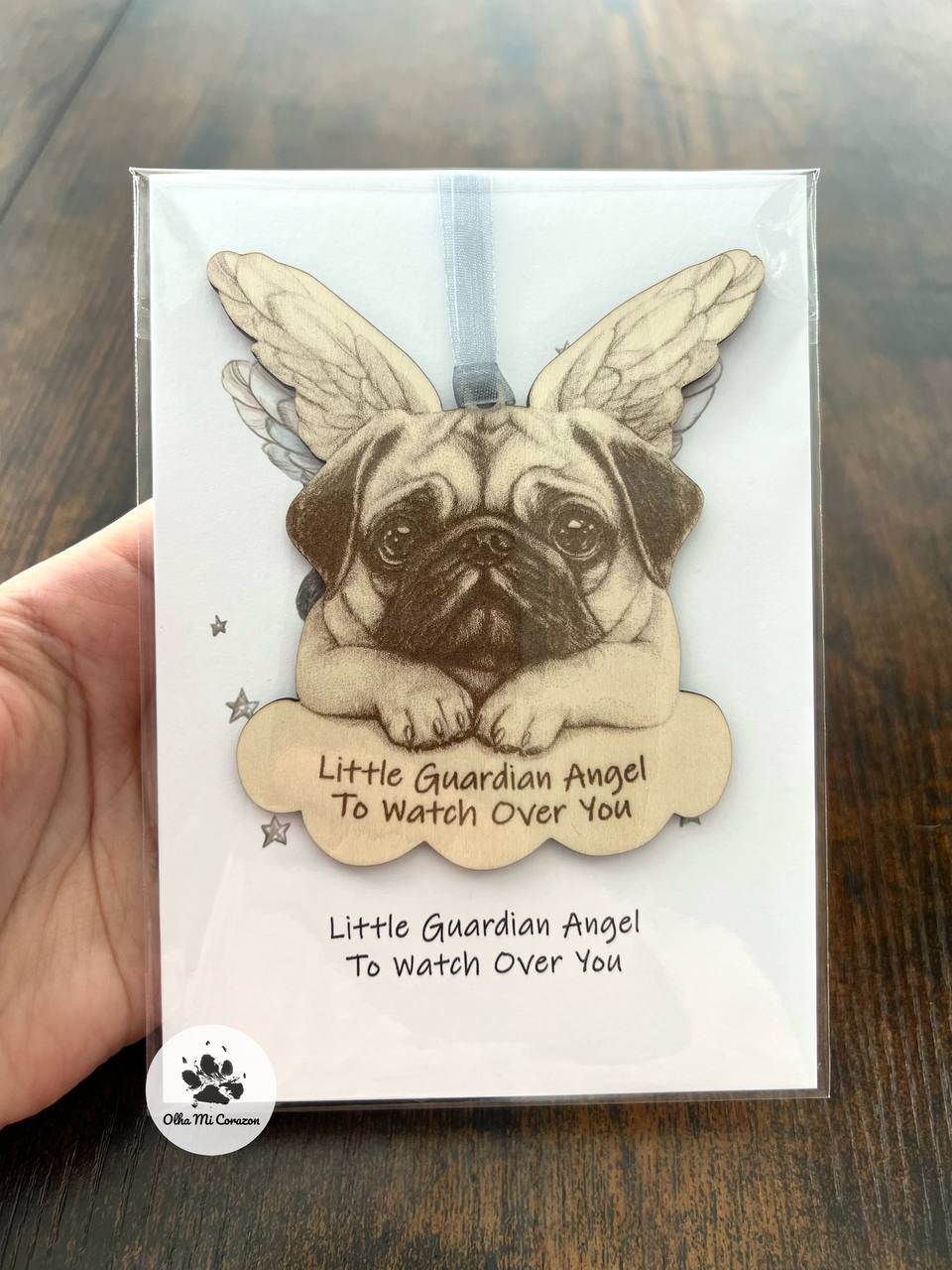 Pug art, dog wooden Christmas tree decoration with blank card, made in the UK. 